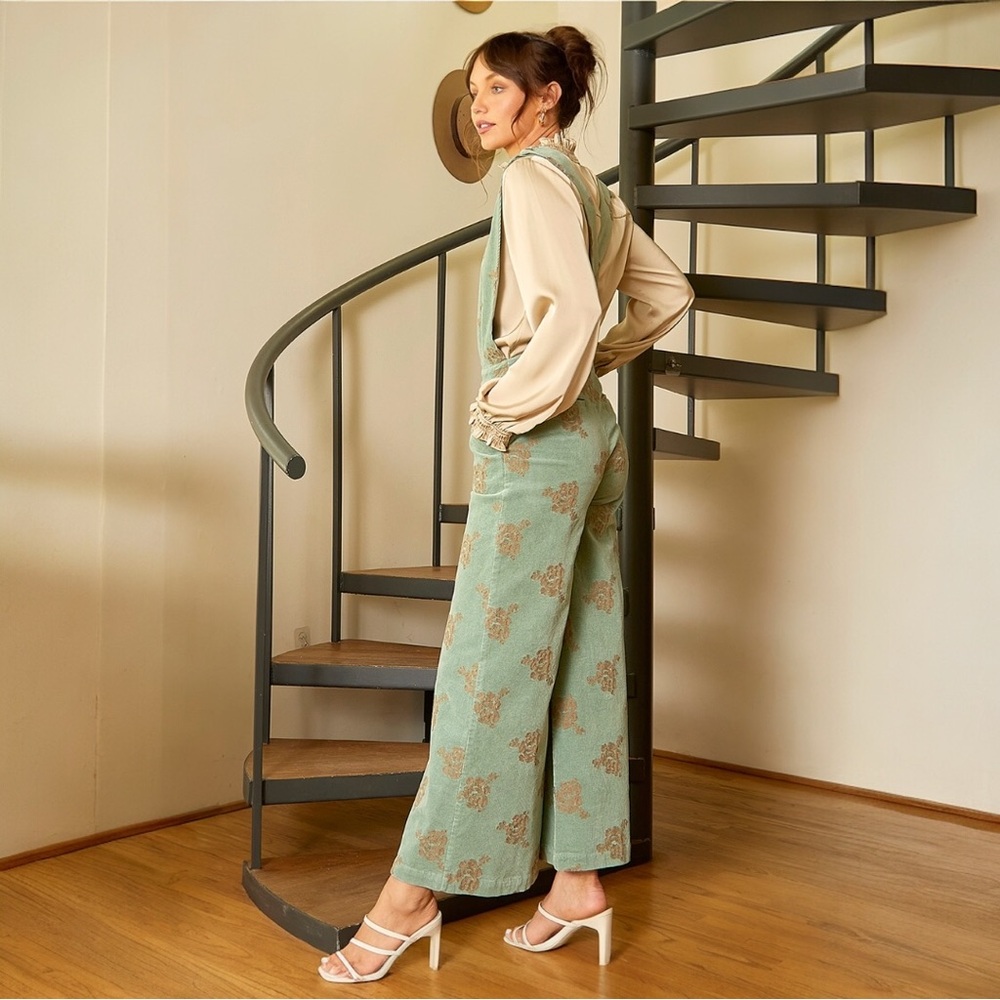 ONLY 1 LEFT!! Washed Seafoam Embroidered Corduroy Jumpsuit Large - Picture 2 of 8